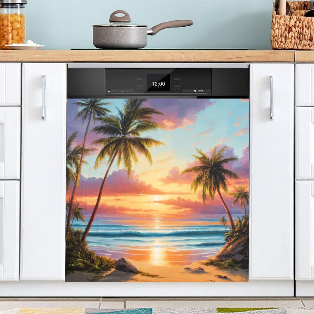 Beach Palm Tree Dishwasher Magnet Cover Front Dishwasher Cover Decoration Reusable Decal for Washers Fridge Cover Panel Decal Home Kitchen Decor, 23" L x 26" H