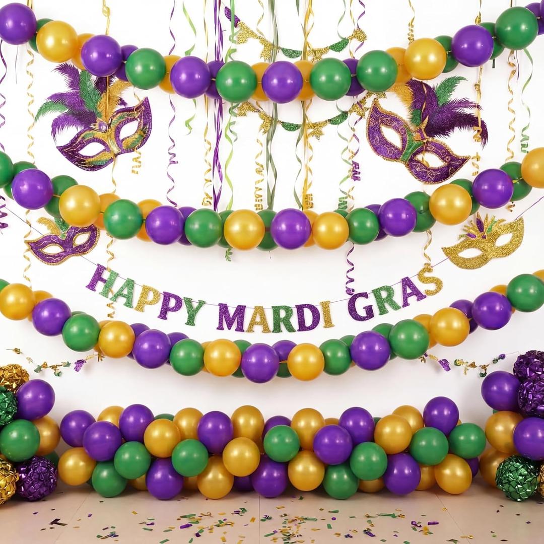 Soulchen 255 Pcs 6 Inch Mardi Gras Linking Balloons Decoration Green Gold Purple Link Balloons Jumbo Mardi Gras Bead Garland Ball Banner for Indoor Outdoor Carnival Birthday Wedding Graduation Decor