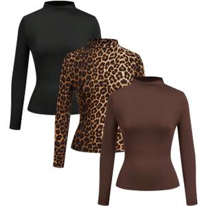 RoseSeek Women's 3 Pack T Shirts Cheetah Mock Neck Long Sleeve T Shirt Slim Fit Fall Tops, Medium