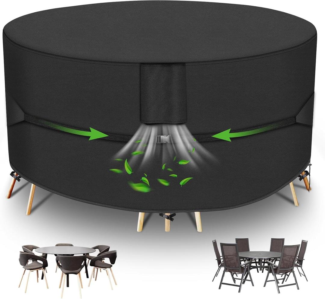 Round Patio Table Cover, Patio Furniture Covers Waterproof, Heavy Duty Outdoor Table and Chair Set Cover,Outdoor Furniture Covers for Patio Furniture, 84"Dia x 28"H, Black