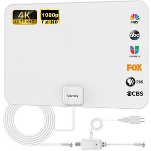 TV Antenna Indoor, Digital Amplified Indoor HDTV Antenna, 1080p VHF UHF Television Local Channels Detachable Signal Amplifier and 16.5ft Long Coax Cable (White)