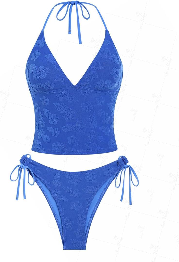 seamoly Women's Tankinis Striped Halter String Tie Side 2 Piece Tankini Sets Swimsuit (Medium, Blue-06)