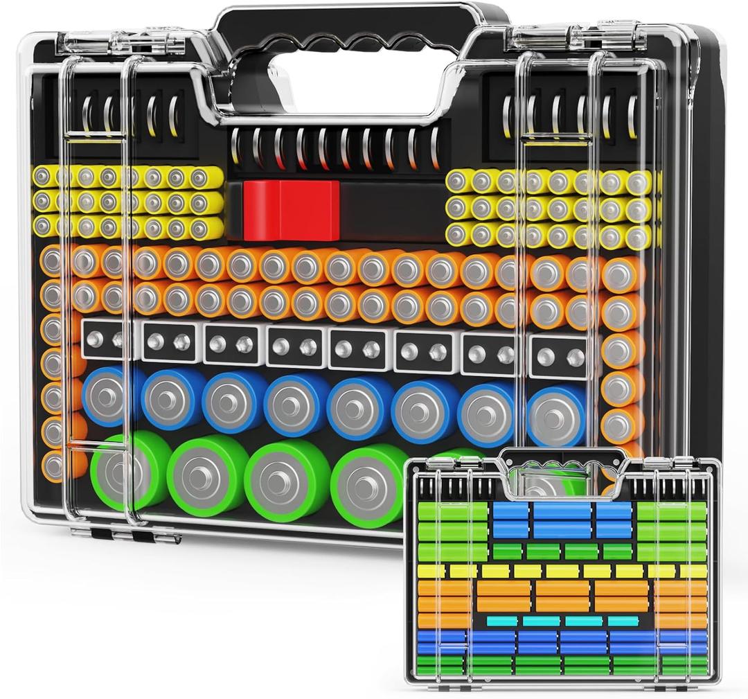 Battery Organizer Storage Holder Box Case with Tester, Stores & Protects Up to 260 Batteries, Double-Clear Locking Lid, Holds AA AAA C D and More (Not Includes Battery Pack) - Black