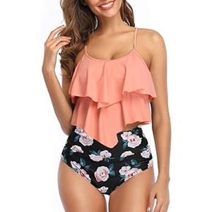 Womens Tankini Swimsuits Ruffled Tank Top Tummy Control Floral Modest Swimwear High Waisted Bikini,XXL Orange