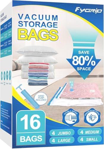 Fygrip 14 Pack Vacuum Storage Bags with Hand Pump, 4 Jumbo + 4 Large + 3 Medium + 3 Small Plastic Packaging Bags, 80% Space Saver Vacuum Seal Bags for Clothing, Travel Luggage, Blankets, Comforters