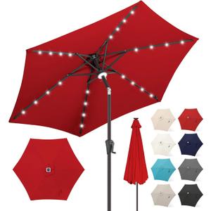 FLAME&SHADE 10ft Solar Outdoor Umbrella - 24 LED Lighted Patio Umbrella with Centre Surround Light, Table Umbrellas with Tilt & Crank for Pool, Porch, Garden, Deck, Backyard UV Protection (Red)