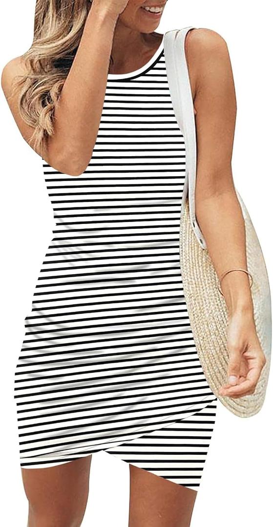 AUSELILY Womens Summer Bodycon Dresses 2025 Sleeveless Tank Dresses Casual Slim Fit Ruched Party Club Mini Dress, Size: Small