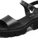 DREAM PAIRS Women's SDHS2316W Lug Sole Low Platform Chunky Block Heels Square Toe Ankle Straps Sandals Black Size 7.5