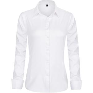 J.VER Womens Dress Shirts Long Sleeve Button Down Shirts Wrinkle-Free Solid Work Blouse (Medium, White)