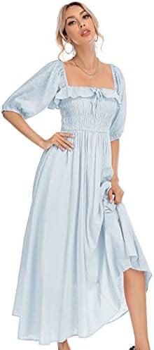 R.Vivimos Women Summer Half Sleeve Cotton Ruffled Vintage Elegant Backless A Line Flowy Long Dresses S