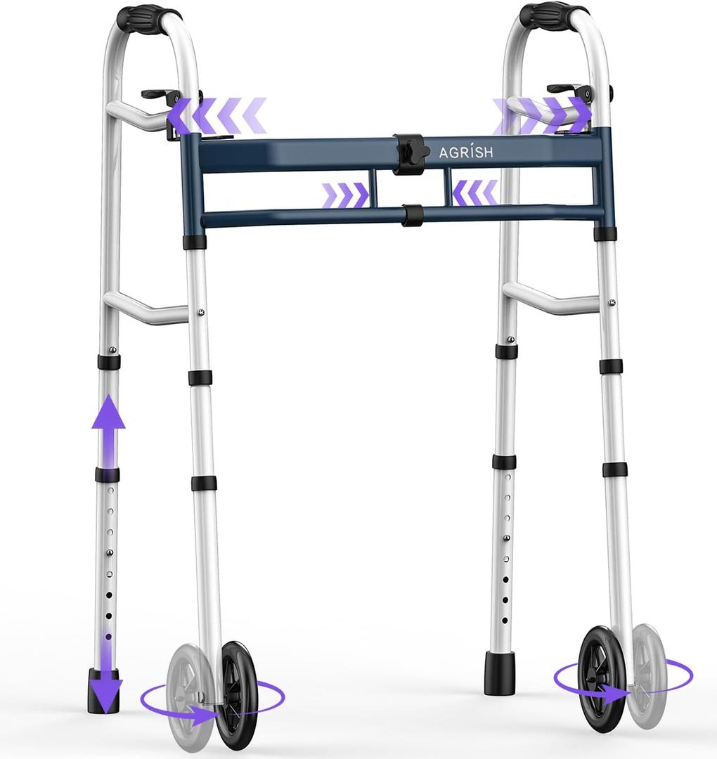 Agrish Narrow Walkers for Seniors, Adjustable Width Narrow Walkers for Small Spaces, Folding Slim Walker - Standard Walkers for Elderly, 350 LBS Heavy Duty Narrow Walker for Small Doorways (Navy Blue)