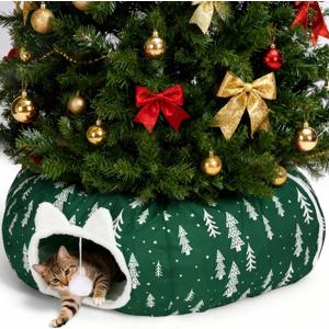 Cat Tunnel Bed Under Christmas Tree, Cat Tunnel Christmas Tree Skirt for Indoor Cats, Donut Tunnel Toys for Multiple & Large Carts, for Kitten, Rabbit, Puppy, Green Tree