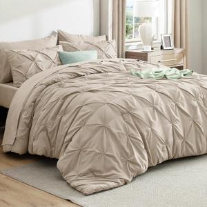 Bedsure Oversized King Comforter Set Beige - Bed in a Bag Bedding Set 7 Pieces, GentleSoft Pintuck Bed Set Gift for Family, Pinch Pleat Beige Comforter with Sheets, Pillowcases & Shams (Beige)
