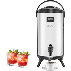 VEVOR Insulated Beverage Dispenser, 2.4 Gal/9.2L Stainless Steel Thermal Drink Server with Spigot & Temp Display, Suitable for Hot and Cold Drinks, for Tea Coffee Water in Cafes & Restaurants, Silver