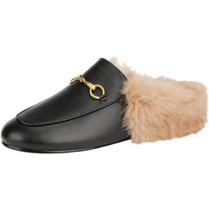 Arqa Fur Mules for Women Comfortable Leather Buckle Mule Flats Furry Padded Backless Loafers Casual Slides Shoes (Black Fur, US 11)