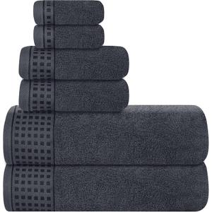 GLAMBURG 100% Cotton Ultra Soft 6 Pack Towel Set, Contains 2 Bath Towels 28x55 Inches, 2 Hand Towels 16x24 Inches & 2 Wash Coths 12x12 Inches, Compact Absorbent Lightweight & Quickdry - Charcoal Grey