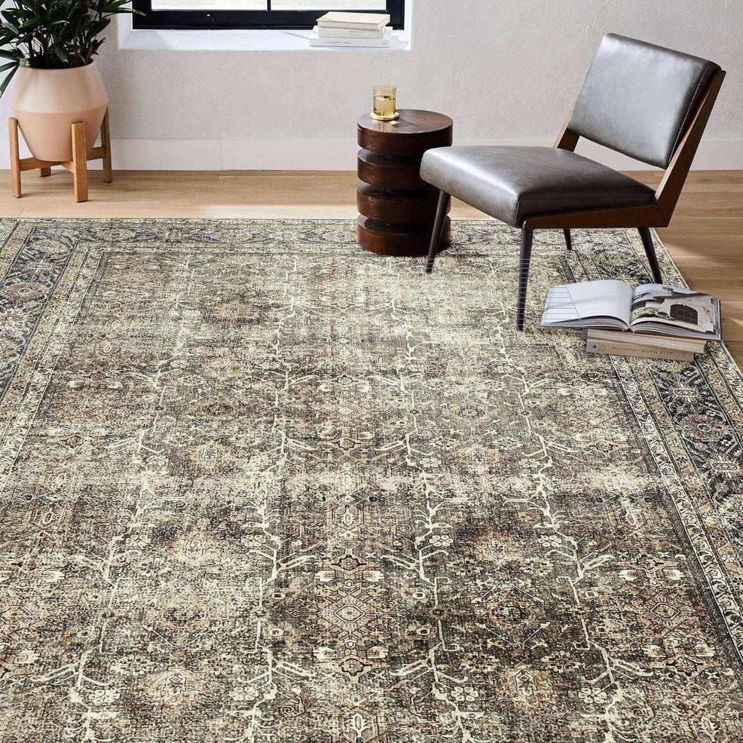 Vintage Area Rug 4x6 Brown Entryway Office Washable Carpet Non Slip Bedroom Indoor Living Room Door Mat Low Pile Traditional Distressed Retro Accent Rug for Dining Room Bathroom Kitchen