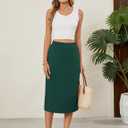 Naggoo Midi Skirts for Women Summer Elastic High Waisted Basic Straight Skirt with Slit (Green, L)
