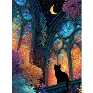 Puzzles for Adults 1000 Pieces, Stained Glass Cat Fantasy Night Moon Scene, Challenging Puzzle Game with Poster, Matte Finish, Interlock Perfectly Frameable Wall Decor Gift