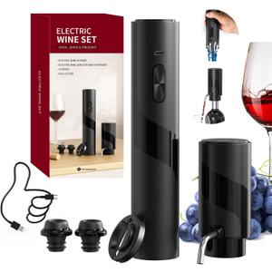 CIRCLE JOY Electric Bottle Opener Set Rechargeable 7-in-1 Set with Foil Cutter, Electric Opener, Electric 2in-1 Aerator & Pourer, Electric Vacuum Pump and 2 Stoppers, Black