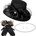 Aurelema 5 Pcs Derby Fascinator Hat Gloves Set for Women Tea Party with Pearl Necklace Bracelet and Earring