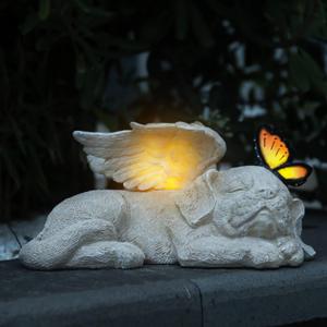 WONDER GARDEN Sleeping Dog Angel Statue with Solar Light - Pet Memorial Stone, in Memory of Dog, Marker Tribute Statues, Resin Guardian Angels, Bereavement Gift (Puppy)