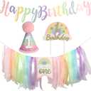 Macaron Pastel Rainbow High Chair Banner for 1st Birthday Decorations First One Birthday Party Girl with Cake Topper