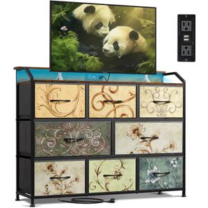 WLIVE Led Dresser for Bedroom, TV Stand for Bedroom with LED Lights and Power Outlet, Wide Chest of Drawers for Hallway, 8 Fabric Drawers for Living Room and Entryway, Floral Painted