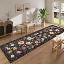 DUKINO Runner Rug, 2x10 Kitchen Runner Rug for Hallway with Non Slip Backing, Washable Low Pile Soft Boho Floral Carpet for Kitchen, Entryway, Hallway, Laundry, Bedroom, Black