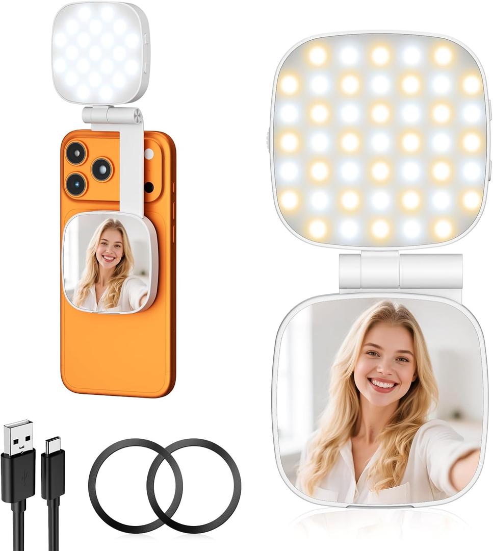 Diyife Magnetic Selfie Light for Phone, [Compatible with MagSafe] CRI95, 6 Modes, 45 LED, 360 Rotatable Phone Light with Foldable Mirror, Portable Selfie Ring Light for Zoom Makeup Video Conference