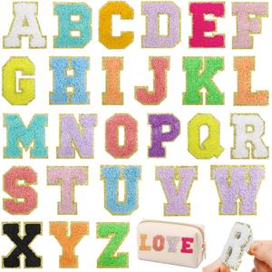 2 x 26 Piece Self Adhesive & Iron On Chenille Letter Patches - A-Z, Glitter Varsity, Applique for DIY Shirts, Shoes, Jeans, Backpacks, Hats (Color)