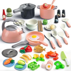 Bruvoalon 67Pcs Kids Play Kitchen Toys Set, Toddlers Pretend Cooking Playset Acccessories with Pots Pans, Utensils Cookware, Foods, Canned Veges, Learning Gift for Kids Girls Boys (Pink)