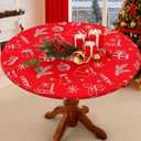 Smiry Round Spandex Tablecloth, Elastic Fitted Washable Tablecloths for 45"-56" Tables, Waterproof Stretch Picnic Table Cover for Dining, Indoor and Outdoor, Holly Berry & Gift (Burgundy)