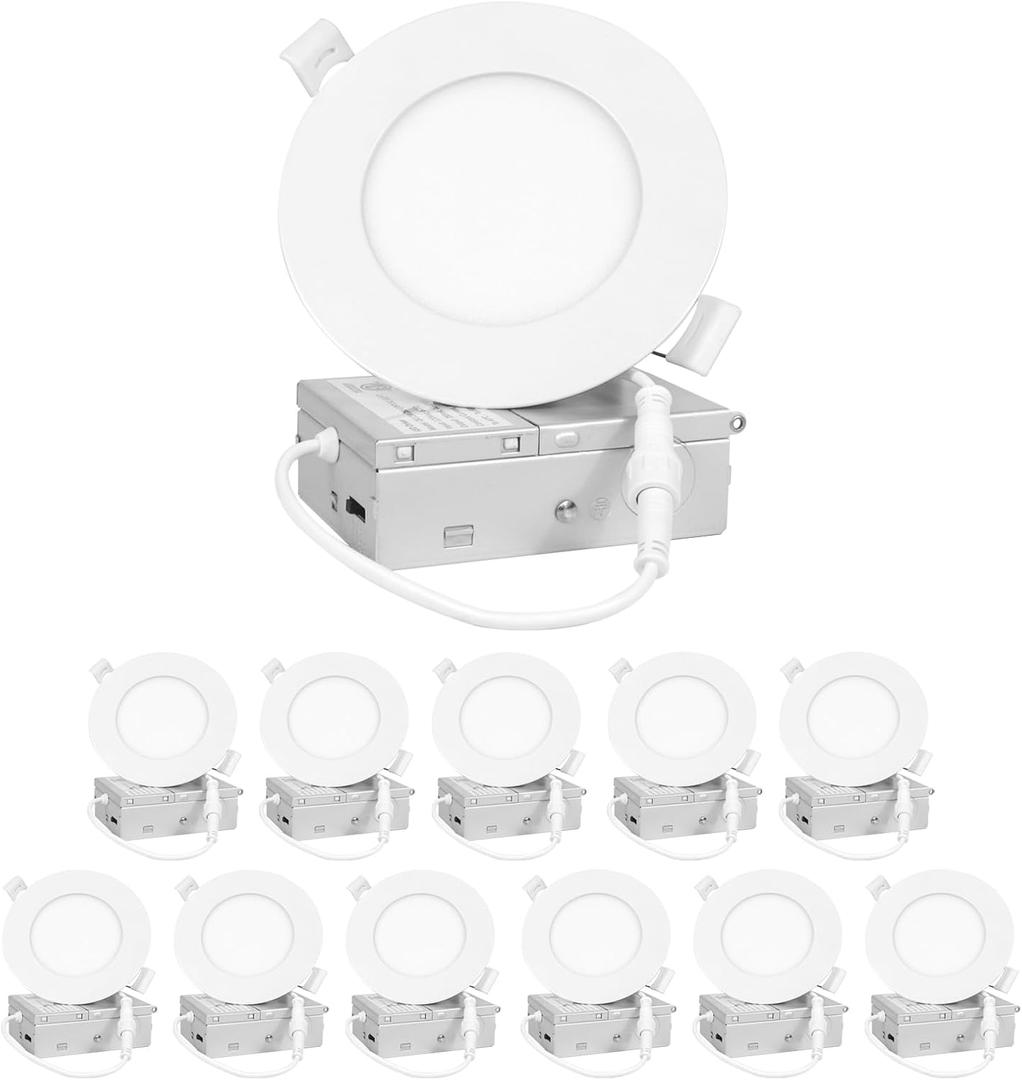 12 Pack 4 Inch Ultra-Thin LED Recessed Ceiling Light, 5CCT LED Recessed Light with Junction Box, 2700K-5000K Selectable, 9W, 120V, 750LM, ETL FCC (White)
