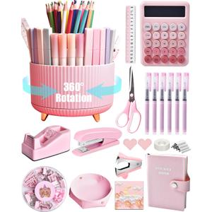 Pink Desk Accessories, 20Pc Office Supplies and 360Pen Holder Desk Organizers, With Tape Dispenser, Stapler, Staple Remover, Ect, Let the Color Pink Fill Your Desktop