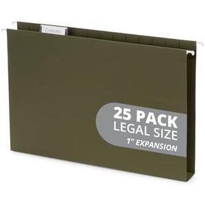 25 Blue Summit Supplies Legal Size Hanging File Folders - Expandable Hanging File Folders with 1" Expansion, Standard Green, Durable 12pt Paper, Includes 25 Plastic Tabs and Inserts