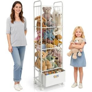 Stuffed Animal Storage, Metal Stuff Animals Zoo Holder with Fabric Drawer and Wheels Tall Vertical Plushies Toy Organizer Plush Storage Cage with Elastic Band for Nursery Playroom Corner