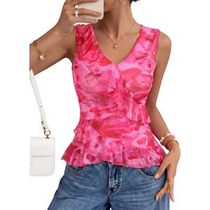 ZESICA Women's Summer Going Out Tops Sleeveless V Neck Floral Y2K Shirts (Pink)