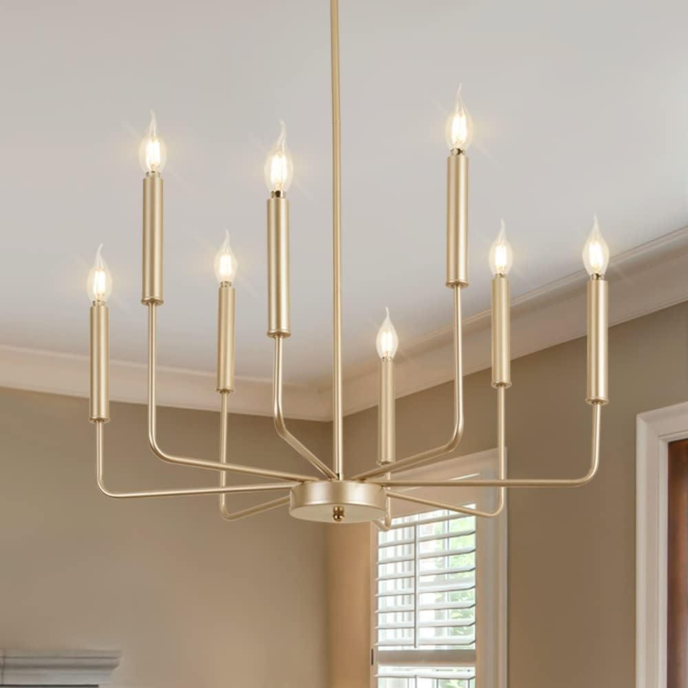 Modern Farmhouse Gold Chandelier, 8-Light Rustic Candle Chandelier, Industrial Hanging Chandeliers for Dining Room, Kitchen, Foyer, Entryway, Living Room