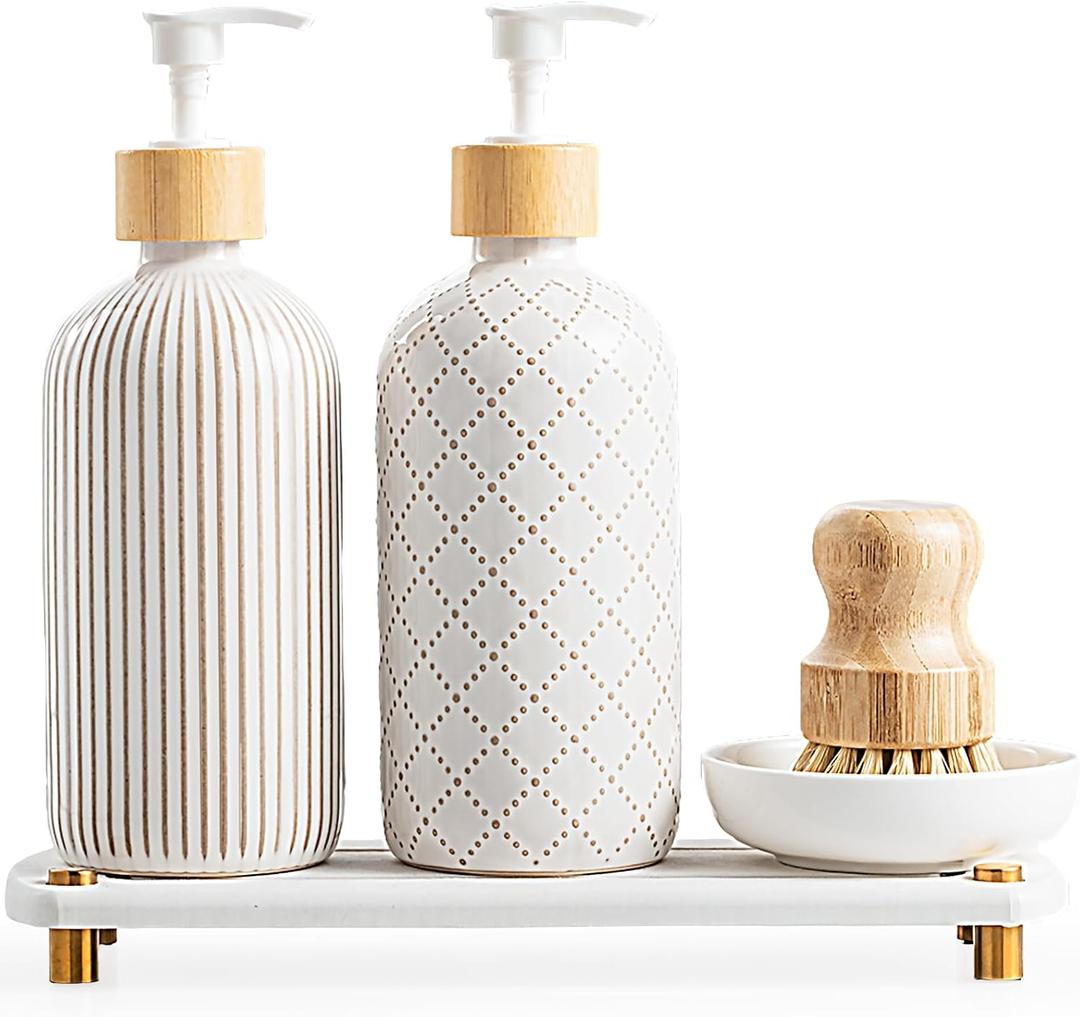 Getstar Hand and Dish Soap Dispenser Set, Ceramic Soap Dispenser for Bathroom and Kitchen with Rust Proof Pump and Tray, Set of 2 (White Pump w/Brush)