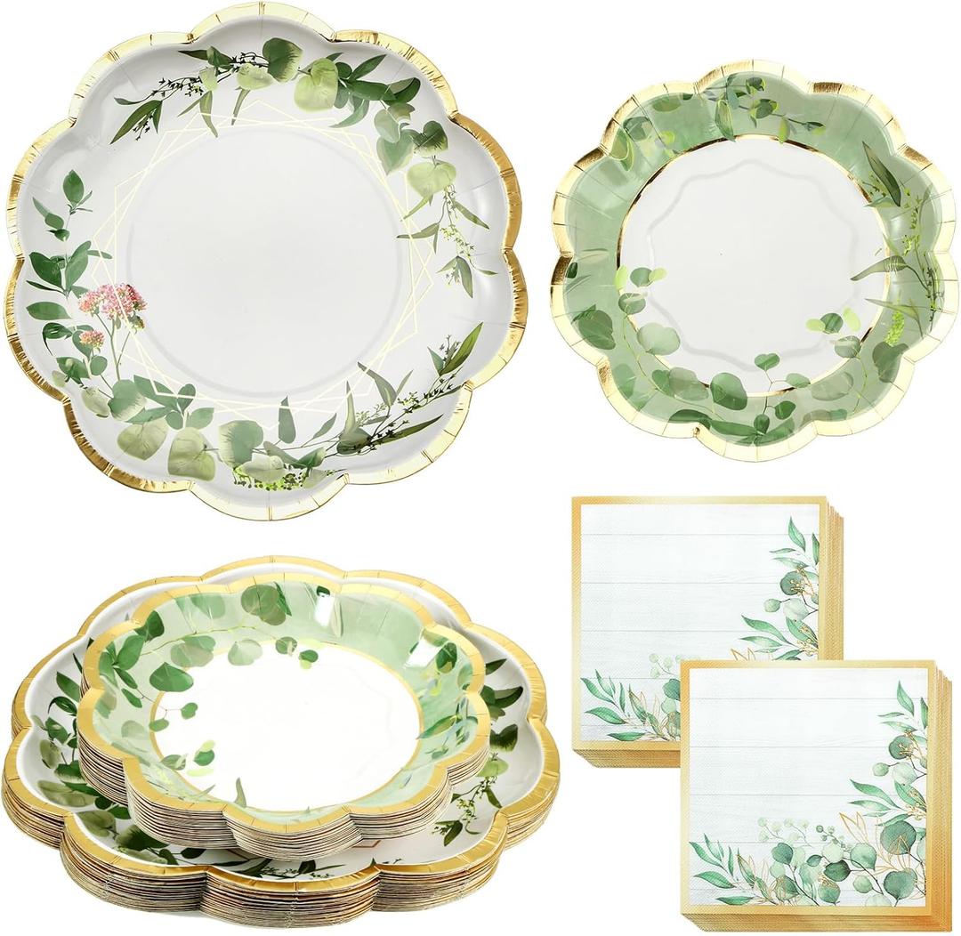 Tanlade 96 Pcs Sage Green Eucalyptus Theme Party Supplies Plates and Napkins Serve 24, Disposable Eucalyptus Paper Scalloped Dinner Plates 2 Ply Paper Napkins for Wedding Bridal Shower