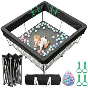 Foldable Baby Playpen, 50"50" Collapsible Play Yard for Babies and Toddlers, No Assembly Required, Kids Safety Play Area with 4 Handles, 50 Balls and Visible Mesh, Black