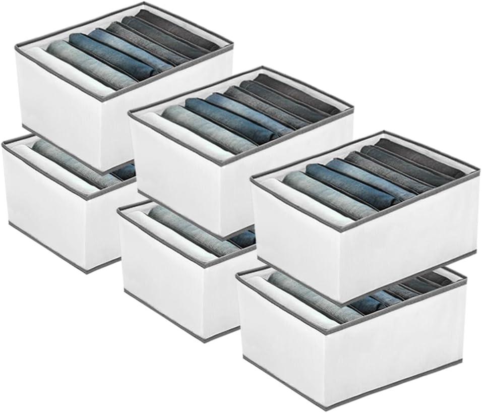 6 Pack Wardrobe Closet Organizer and Storage for Clothes - 7 Grids Foldable Drawer Dividers Organizers for Jeans | Pants | Shirts | Leggings, Stackable Clothing Bins for Closets Organization (White)