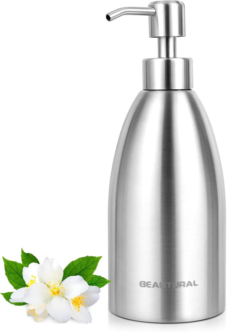 BEAUTURAL 304 Stainless Steel Countertop Soap Dispenser 15.2 Oz, Rust-Proof Liquid Dish Soap Pump Bottle for Kitchen, Bathroom and Countertop Hand Lotion [2025 Upgraded] (Silver)