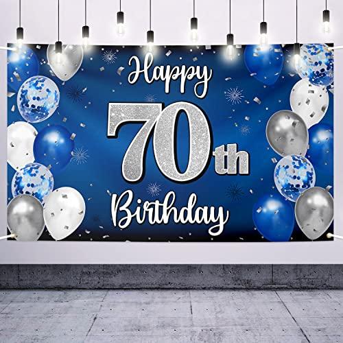 Nelbiirth Happy 70th Birthday Decorations,70th Blue & Silver Balloon Large Birthday Banner Backdrop Sign,Cheers to Seventy Years Old Bday Party Supplies.
