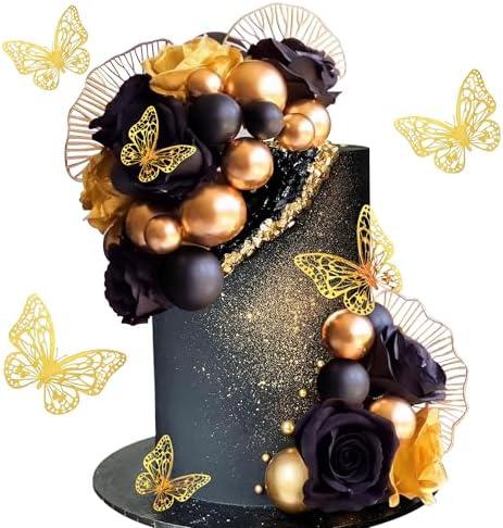 Black Gold Flowers Cake Toppers Butterfly Balls Cake Decorations for Birthday Wedding Baby Shower Boho Theme Party Supplies (Black Gold), 2 Pack
