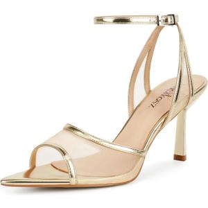 Women's Mesh High Heels Sandals Pointed Open Toe Ankle Buckle Strap Stiletto Heels Dress Wedding Shoes (7, Rich Gold)