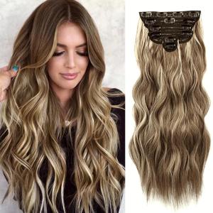 NAYOO Clip in Hair Extensions for Women 20 Inch Long Wavy Curly Medium Brown Ash Blonde Hairpieces Full Head Synthetic Hair Hairpieces (6PCS, Medium Brown Ash Blonde)