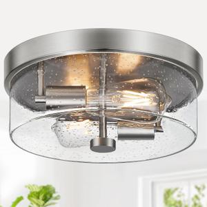 Flush Mount Ceiling Light Fixtures, 2-Light 12 Inch Brushed Nickel Close to Ceiling Light Fixtures with Seeded Glass Shade Ceiling Light Fixture for Porch, Hallway, Bathroom, Dining Room and Foyer