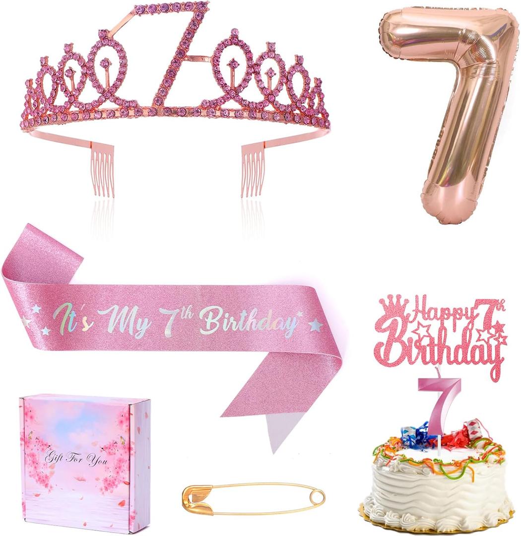 7th Birthday Candle Sash and Tiara,It's My 7th Birthday Sash Rhinestone Crown Happy Birthday Cake Topper Foil 7 Balloon for Girls Birthday Gift Party Decorations Supplies (Rose 7th)